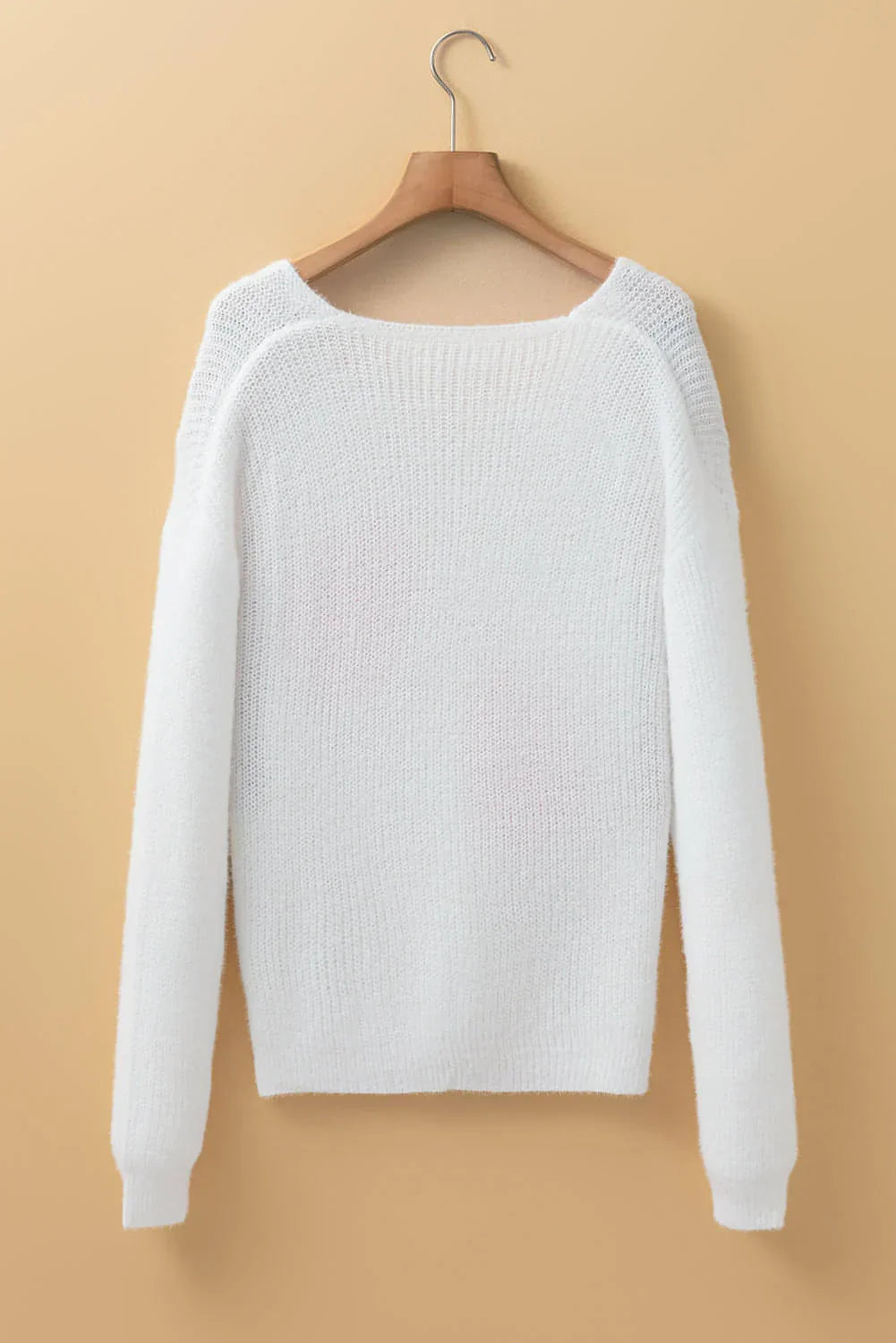 White Pearl Beaded Heart Pattern Fuzzy V Neck Sweater - Which Mark