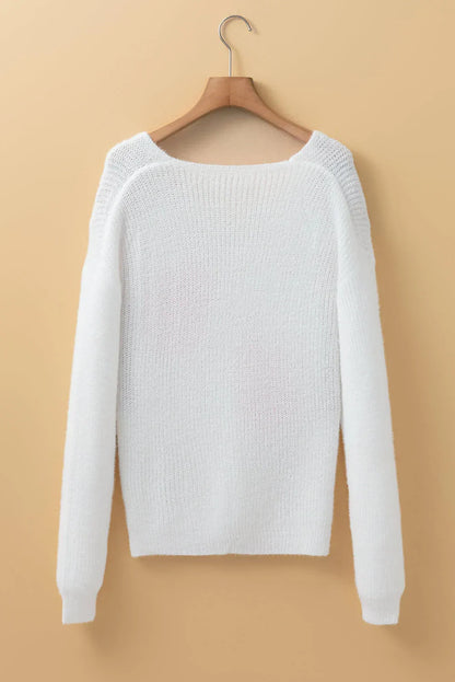 White Pearl Beaded Heart Pattern Fuzzy V Neck Sweater - Which Mark