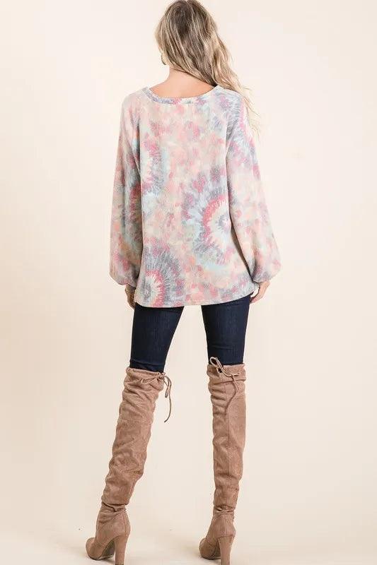 BiBi Brushed Tie Dye Print Top with Puff Sleeves - Which Mark