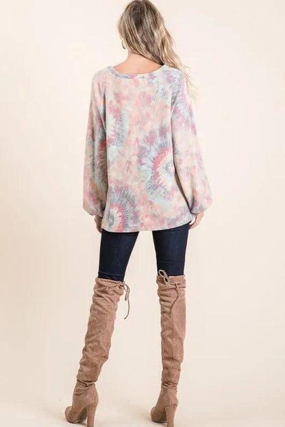 BiBi Brushed Tie Dye Print Top with Puff Sleeves - Which Mark