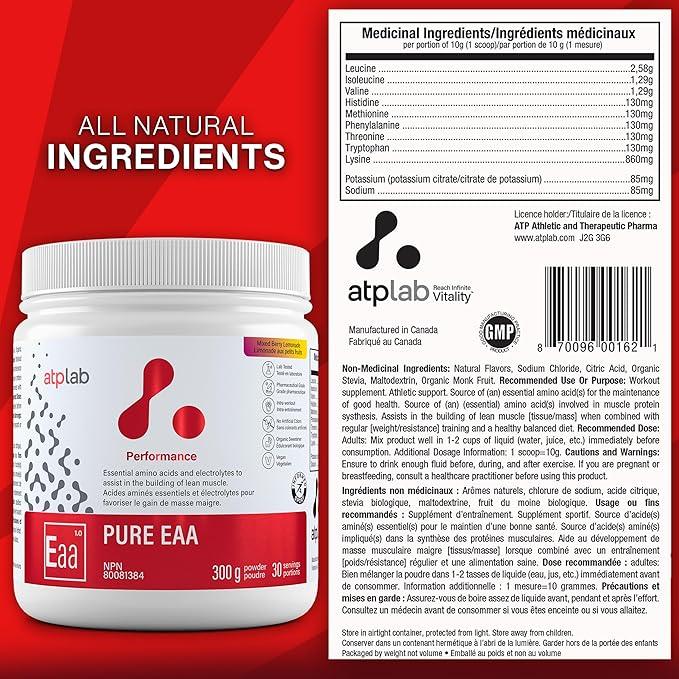 ATP LAB Pure EAA Powder, 300g - Berry Lemonade Flavor - Complete Blend of 11 EAAs & Electrolytes - L-Lysine, L-Methionine, Tryptophan - Essential Amino Acids for Workout Support & Refreshing Hydration - Which Mark
