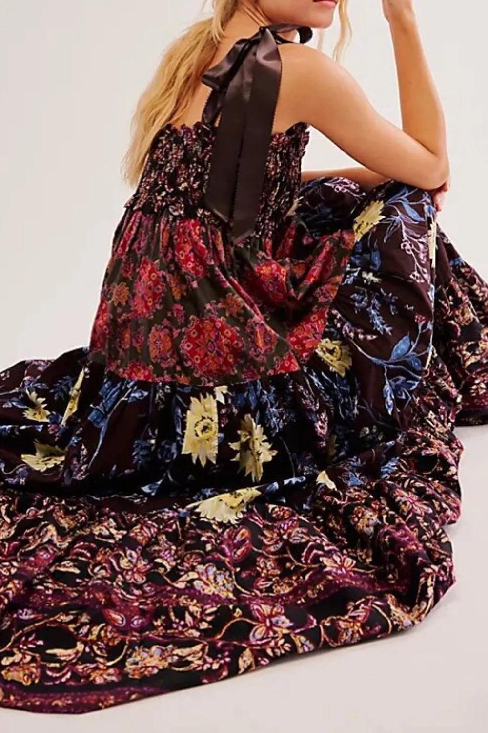 Floral Tiered Maxi Dress with Mixed Print Design - Which Mark