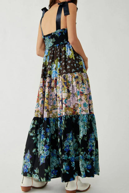 Floral Tiered Maxi Dress with Mixed Print Design - Which Mark