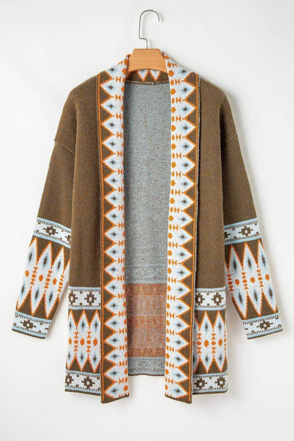 Brown Aztec Print Open Front Knitted Cardigan - Which Mark