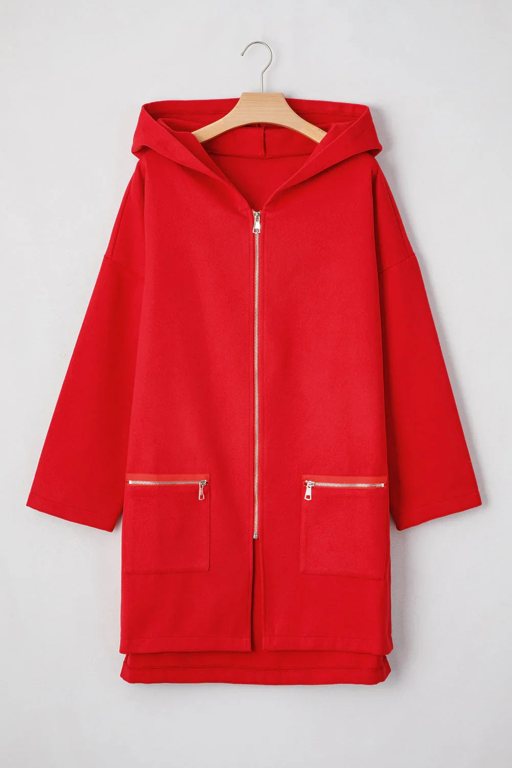Fiery Red Solid Color Casual Zip up Hooded Coat - Which Mark
