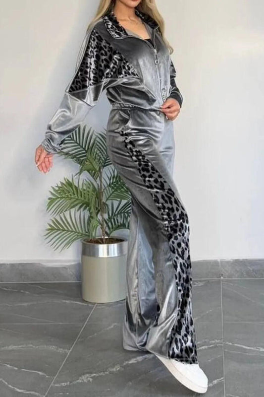 Full Size Collared Neck Leopard Zip Up Top and Pants Set Plus Size - Which Mark