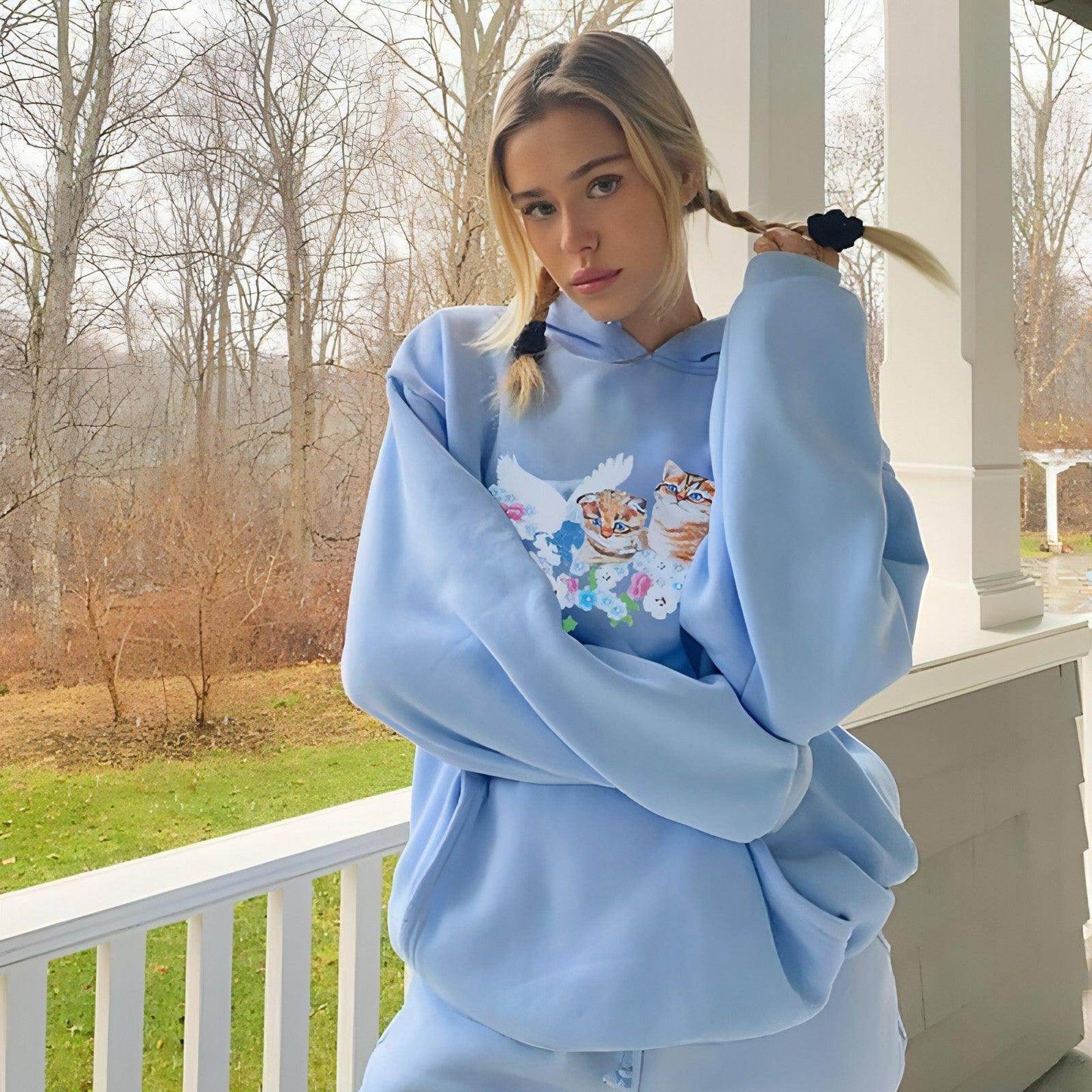 Cat Print Hooded Loose Pullover Long Sleeve Casual Sweater Women - Which Mark