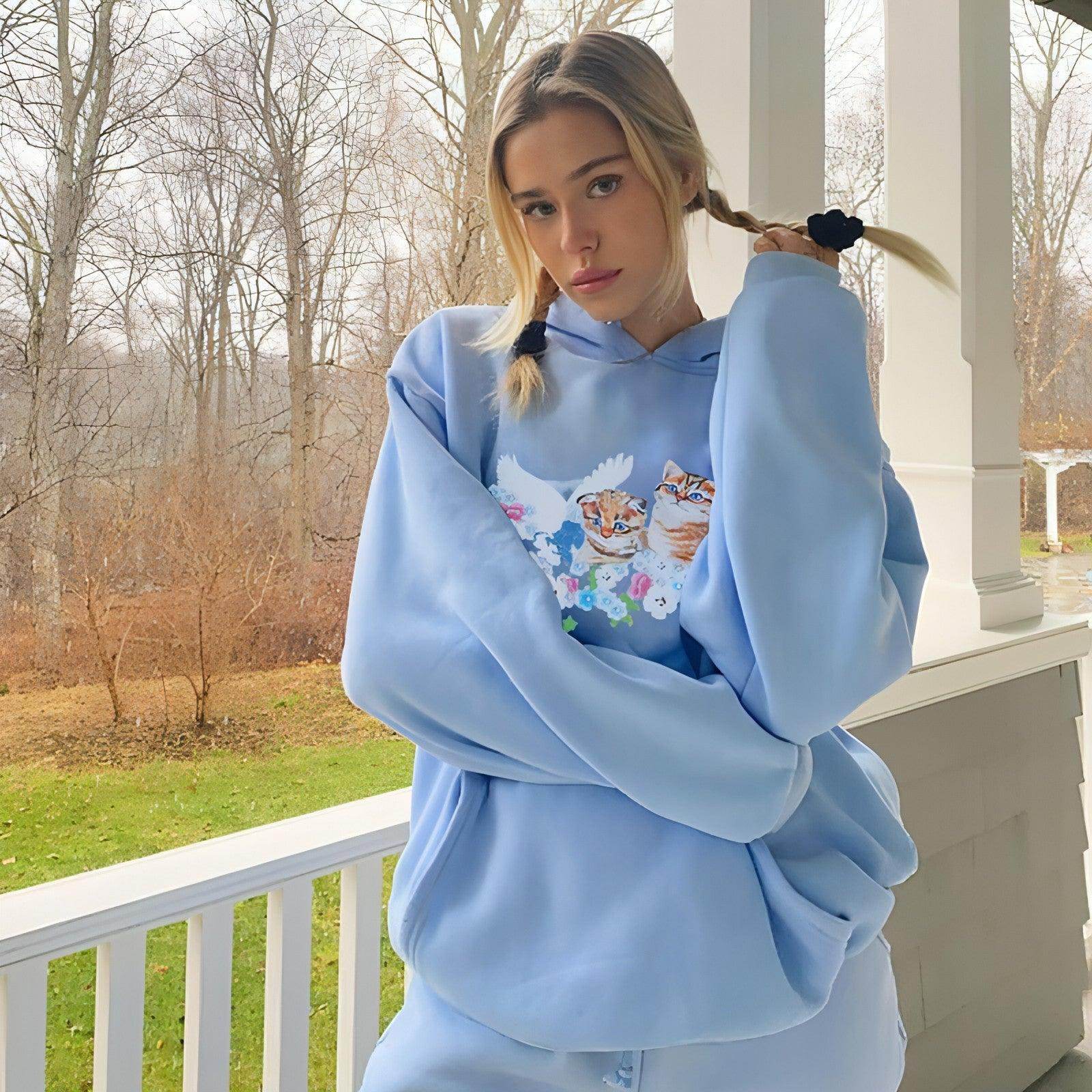 Cat Print Hooded Loose Pullover Long Sleeve Casual Sweater Women - Which Mark