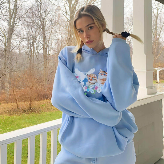 Cat Print Hooded Loose Pullover Long Sleeve Casual Sweater Women - Which Mark