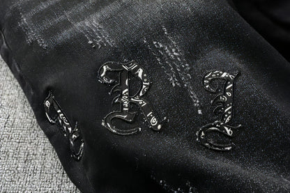 UrbanEase™ Black Cashew Flower Printed Patch Torn Jeans For Men - Which Mark