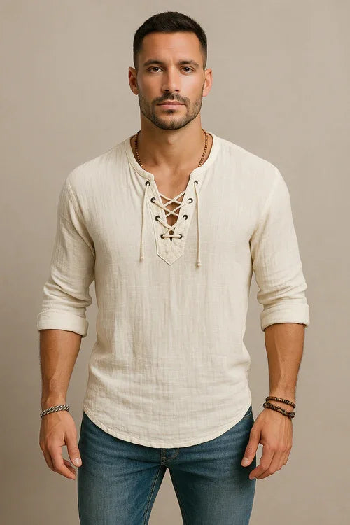 Men’s Lace-Up Linen Shirt – Casual Vintage Look, Short Sleeves - Which Mark