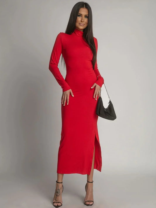Smooth long-sleeved turtleneck dress, red FG678 - Which Mark
