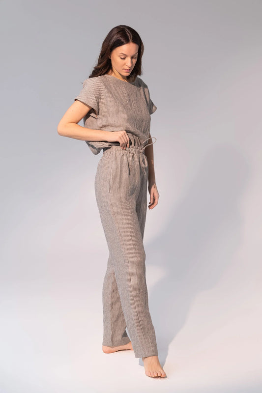 Striped Dark Grey linen / Natural Linen Pajama set / Linen loungewear - Which Mark