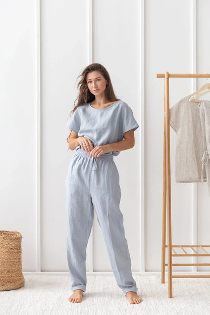Ice Blue linen / Natural Linen Pajama set / Linen loungewear / Linen - Which Mark