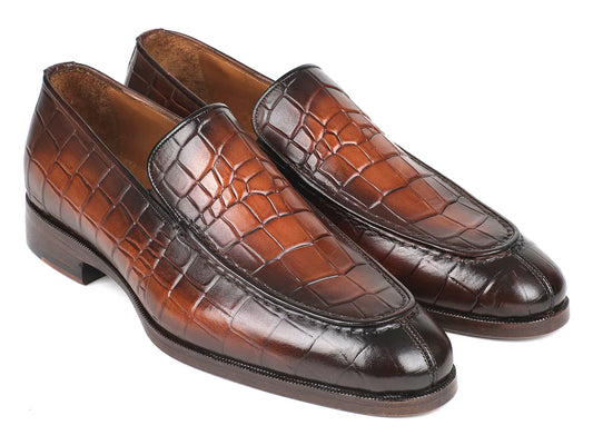 Paul Parkman Brown Burnished Crocodile Embossed Calfskin Loafer - Which Mark