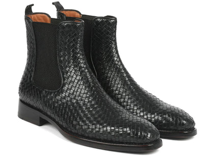 Paul Parkman Black Woven Leather Chelsea Boots (ID#92WN87-BLK) - Which Mark