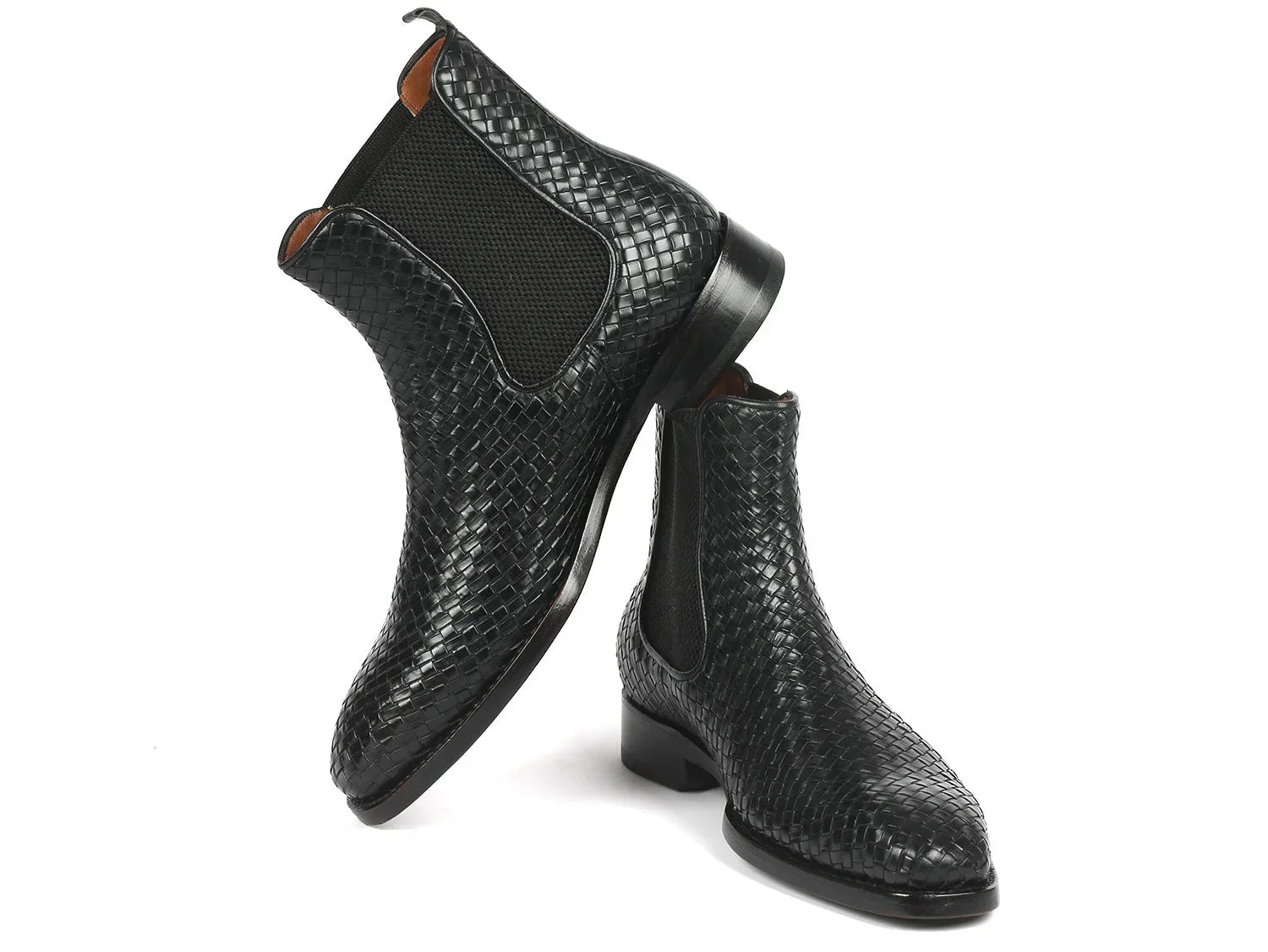 Paul Parkman Black Woven Leather Chelsea Boots (ID#92WN87-BLK) - Which Mark