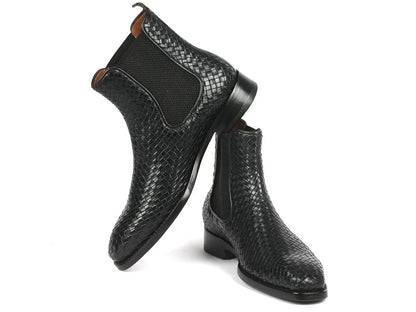 Paul Parkman Black Woven Leather Chelsea Boots (ID#92WN87-BLK) - Which Mark