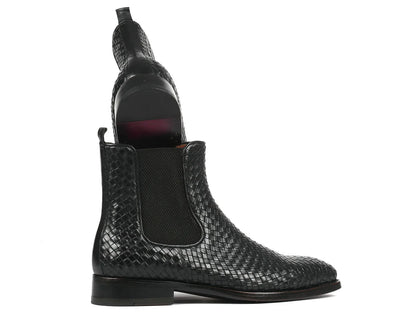 Paul Parkman Black Woven Leather Chelsea Boots (ID#92WN87-BLK) - Which Mark