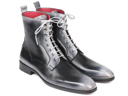 Paul Parkman Men's Gray Burnished Leather Lace-Up Boots (ID#BT535-GRY) - Which Mark