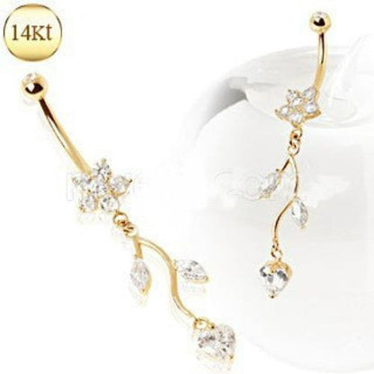 14Kt Yellow Gold Navel Ring with Flower & Vine - Which Mark