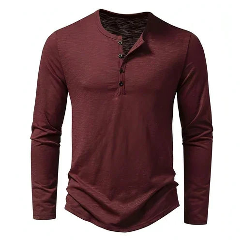 Mens Clothing Long Sleeve T-shirt Fashion Button Henry Collar Tops - Which Mark