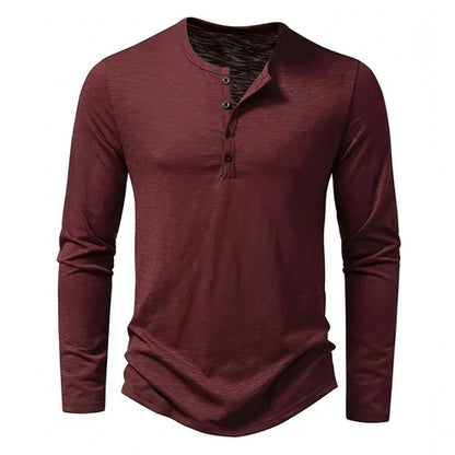 Mens Clothing Long Sleeve T-shirt Fashion Button Henry Collar Tops - Which Mark