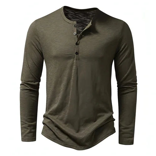 Mens Clothing Long Sleeve T-shirt Fashion Button Henry Collar Tops - Which Mark
