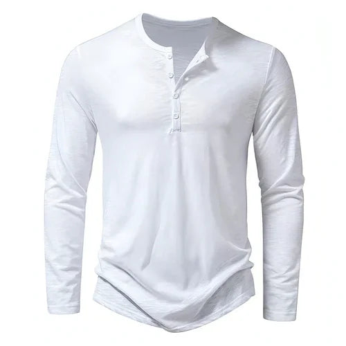 Mens Clothing Long Sleeve T-shirt Fashion Button Henry Collar Tops - Which Mark