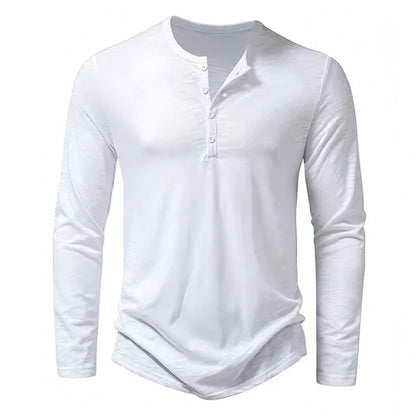 Mens Clothing Long Sleeve T-shirt Fashion Button Henry Collar Tops - Which Mark