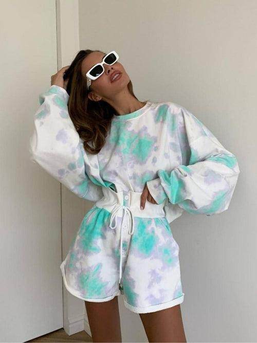 Lace-up Shorts Tie-dye Two-piece Set For Women - Which Mark