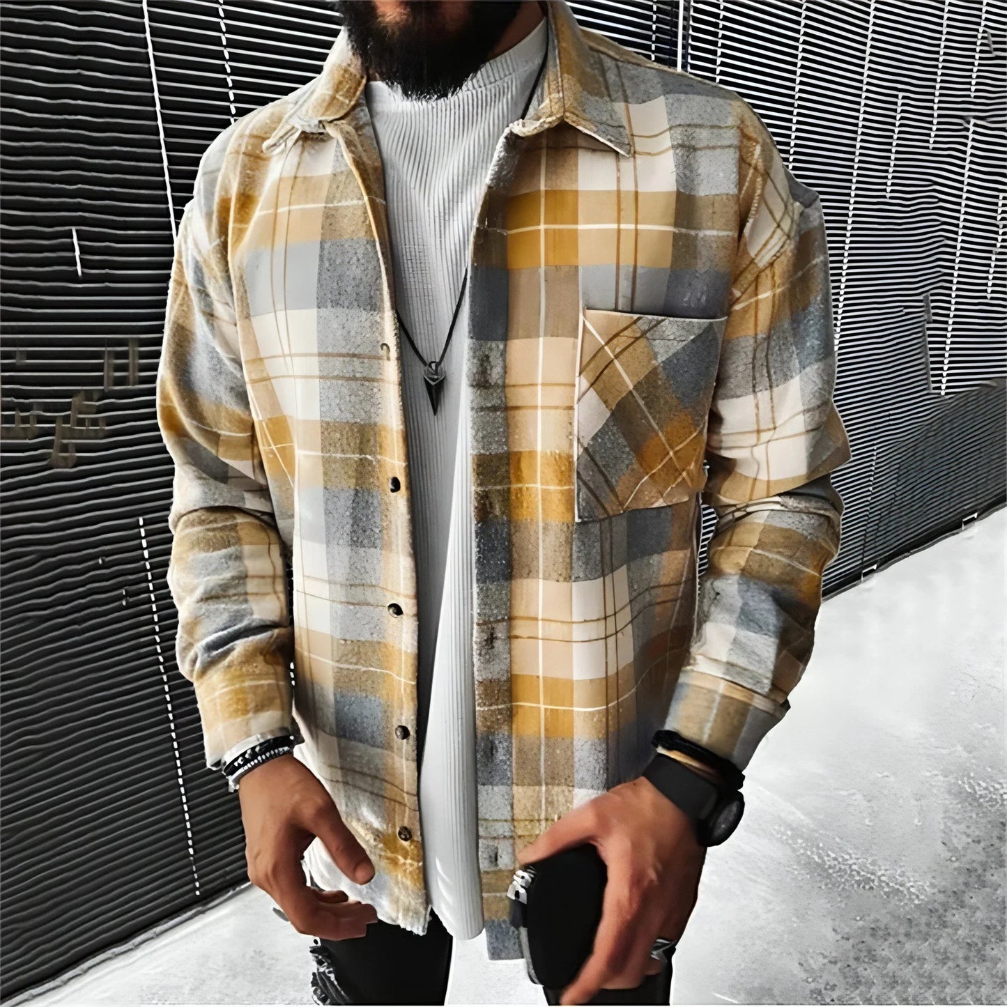 A. Men's DressShirt Plaid Pocket Long Sleeve Jacket - Which Mark