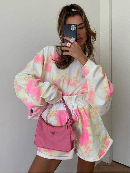 Lace-up Shorts Tie-dye Two-piece Set For Women - Which Mark