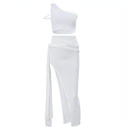 Women's Off-the-shoulder Navel High Slit Suit Set - Which Mark