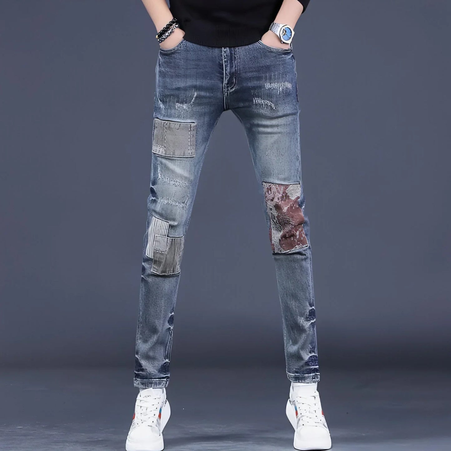 UrbanEase™ Men's Contrast Color Patch Hole Slim-fit Pants - Which Mark