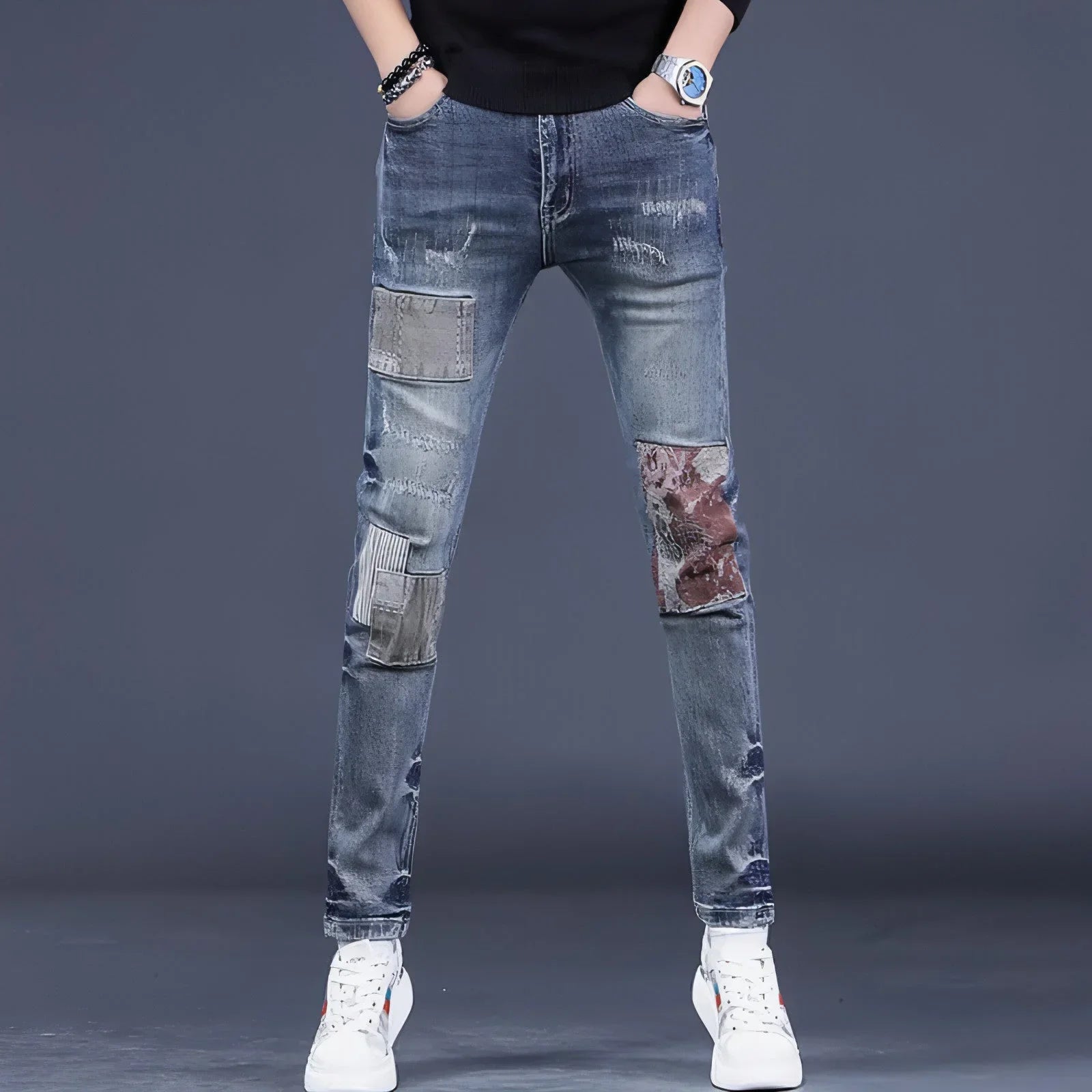 UrbanEase™ Men's Contrast Color Patch Hole Slim-fit Pants - Which Mark