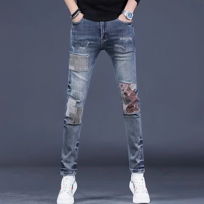 UrbanEase™ Men's Contrast Color Patch Hole Slim-fit Pants - Which Mark