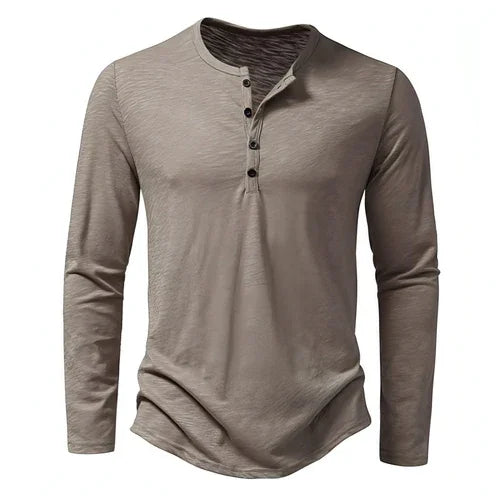 Mens Clothing Long Sleeve T-shirt Fashion Button Henry Collar Tops - Which Mark