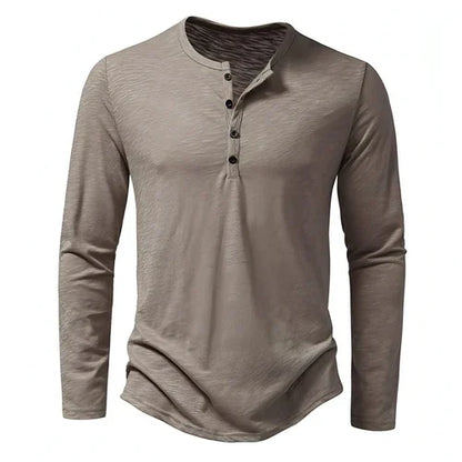 Mens Clothing Long Sleeve T-shirt Fashion Button Henry Collar Tops - Which Mark