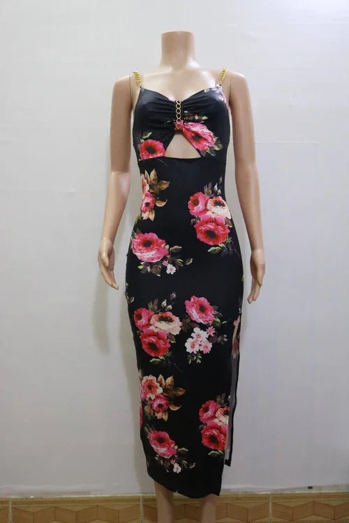 Women's Clothing Split Spaghetti-strap Floral Print Dress - Which Mark