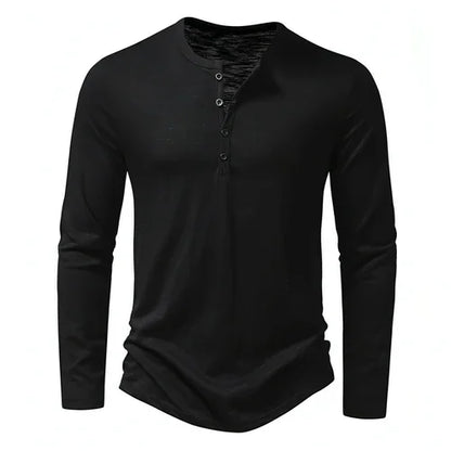 Mens Clothing Long Sleeve T-shirt Fashion Button Henry Collar Tops - Which Mark