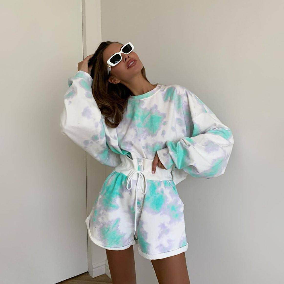 Lace-up Shorts Tie-dye Two-piece Set For Women - Which Mark