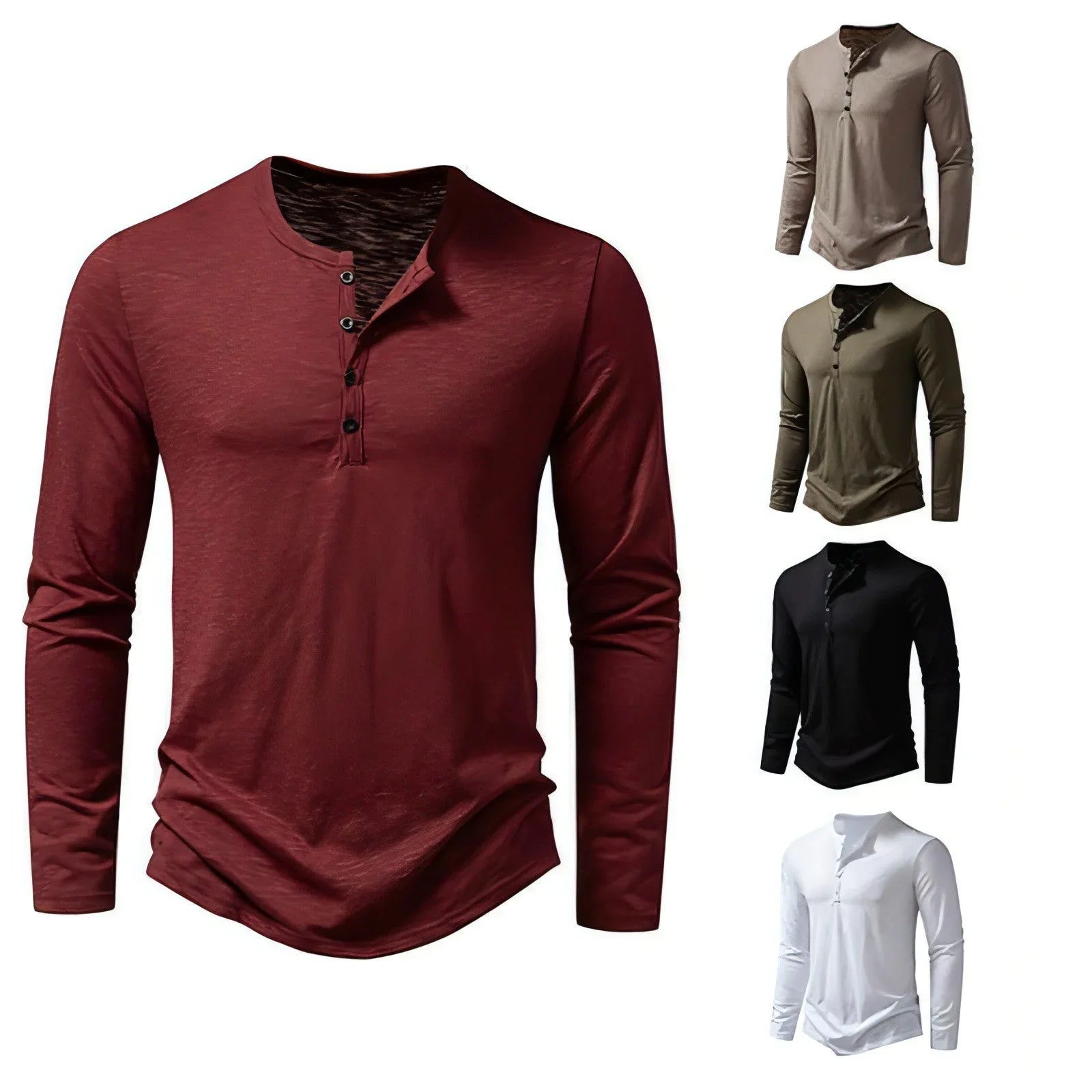 Mens Clothing Long Sleeve T-shirt Fashion Button Henry Collar Tops - Which Mark