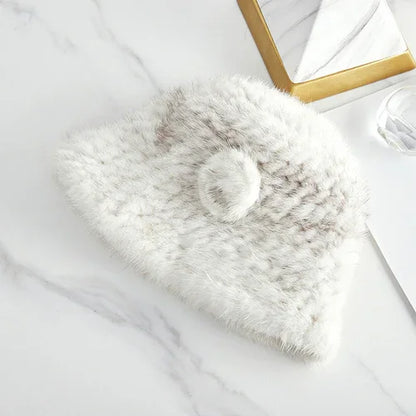 Mink Woven Fur Hat Women's Camellia Flower Bucket Hat - Which Mark