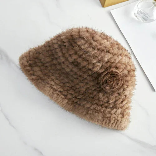 Mink Woven Fur Hat Women's Camellia Flower Bucket Hat - Which Mark