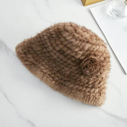 Mink Woven Fur Hat Women's Camellia Flower Bucket Hat - Which Mark