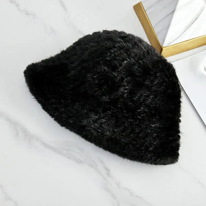 Mink Woven Fur Hat Women's Camellia Flower Bucket Hat - Which Mark