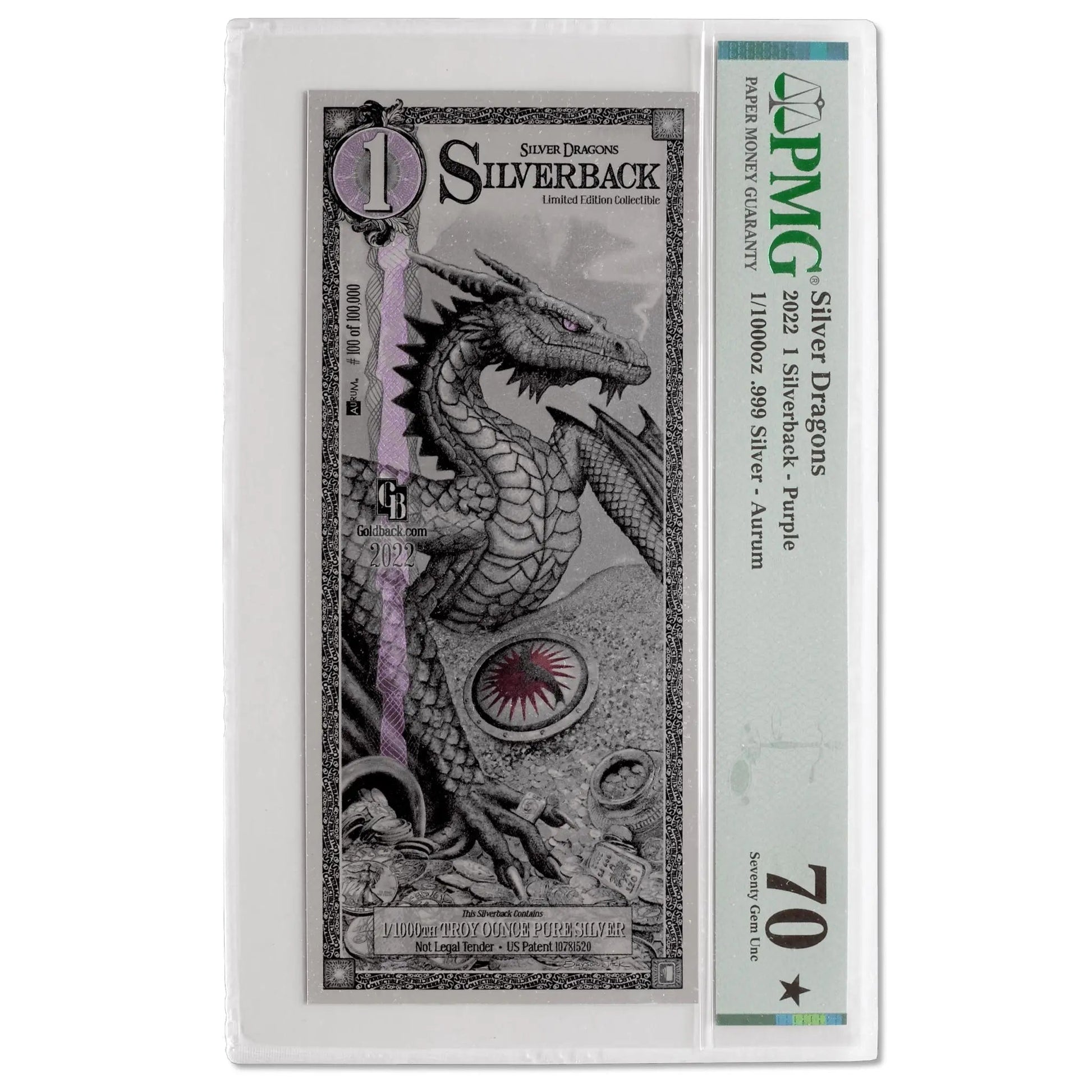 1/1000 oz SILVER DRAGON (Purple Edition) Note PMG70 2022 Silverback - Which Mark
