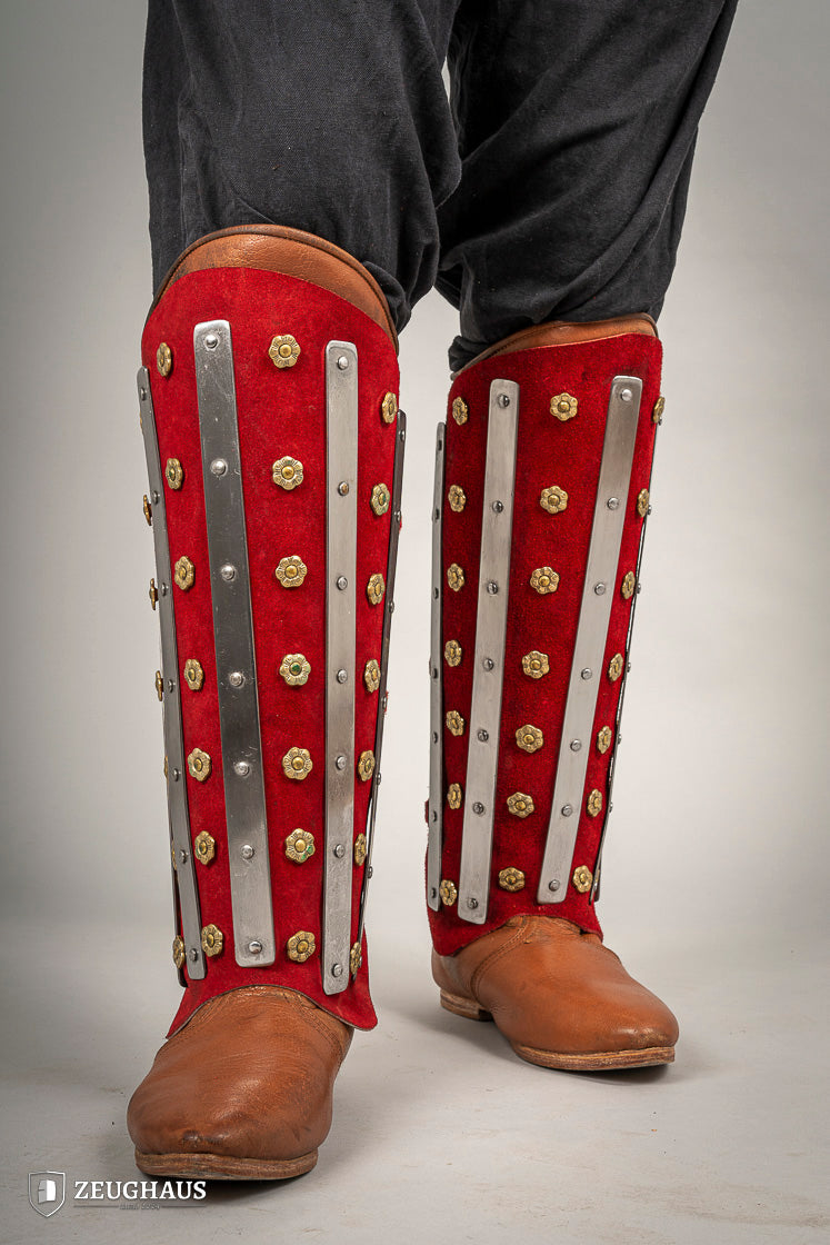 Splinted Suede Leather Greaves Red - Which Mark