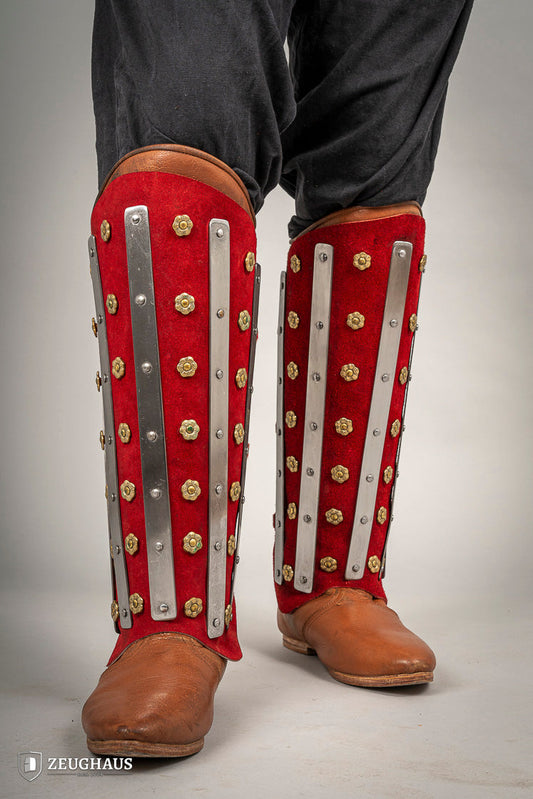 Splinted Suede Leather Greaves Red - Which Mark